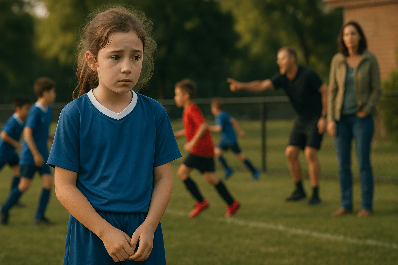 10-year-old_girl_in_a_youth_soccer_uniform_standing_apart_from_her_teammates_looking_nervous_with_hunched_shoulders_and_fidgeting_hands_as_she_scans_the_field.